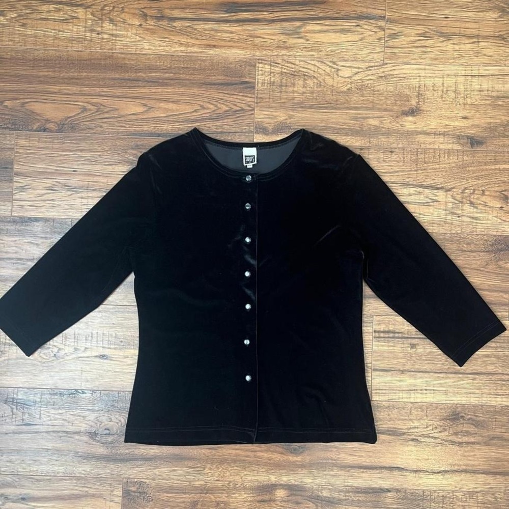 Vintage‎ Black Velvet Button Cardigan 3/4 Sleeves Women Small Fairy Whimsygoth